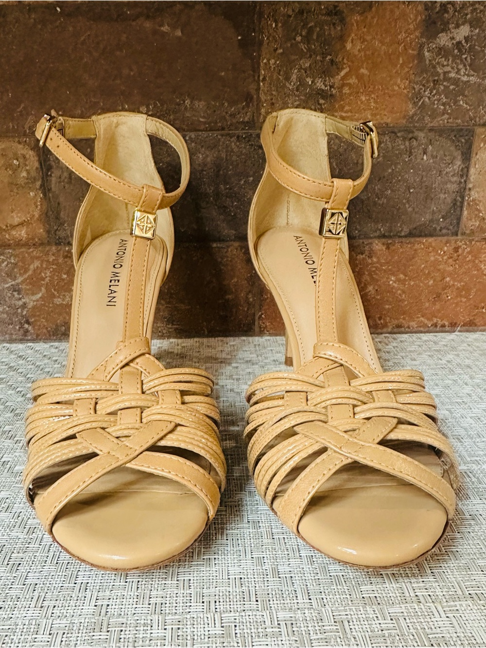 ANTONIO MELANI Tan Strappy Woven Ankle-Wrap Heels
